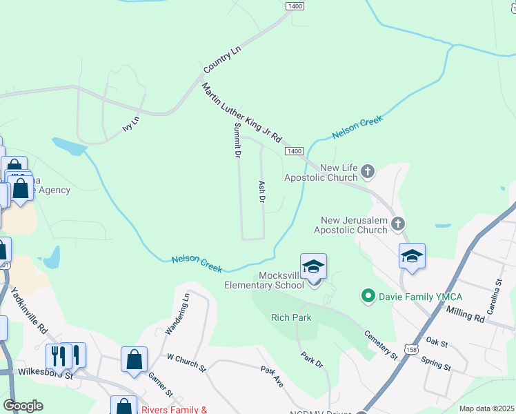 map of restaurants, bars, coffee shops, grocery stores, and more near 196 Ash Drive in Mocksville