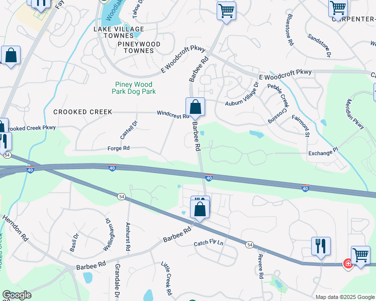map of restaurants, bars, coffee shops, grocery stores, and more near 1125 Forge Road in Durham