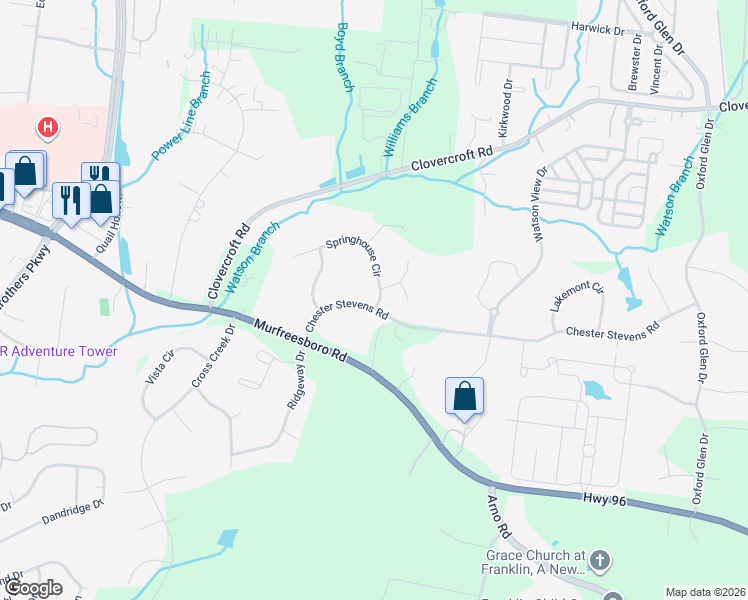 map of restaurants, bars, coffee shops, grocery stores, and more near 356 Springhouse Circle in Franklin