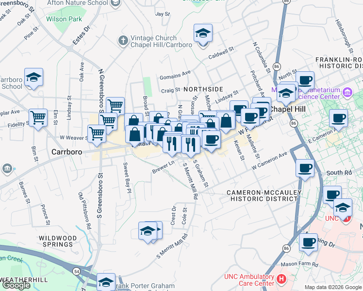 map of restaurants, bars, coffee shops, grocery stores, and more near 100 North Merritt Mill Road in Chapel Hill