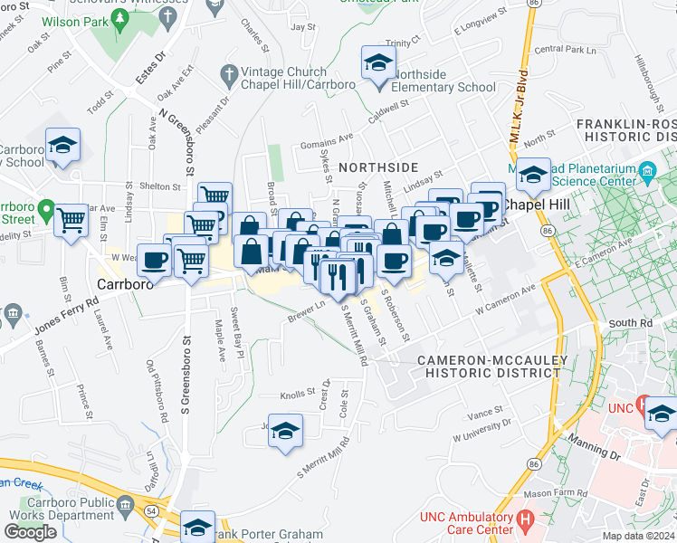 map of restaurants, bars, coffee shops, grocery stores, and more near 601 West Rosemary Street in Chapel Hill