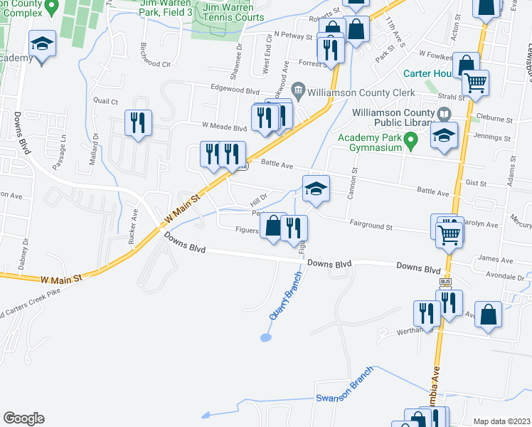map of restaurants, bars, coffee shops, grocery stores, and more near 415 Perkins Drive in Franklin