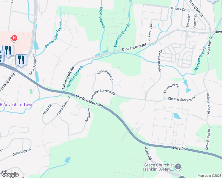 map of restaurants, bars, coffee shops, grocery stores, and more near 356 Springhouse Circle in Franklin