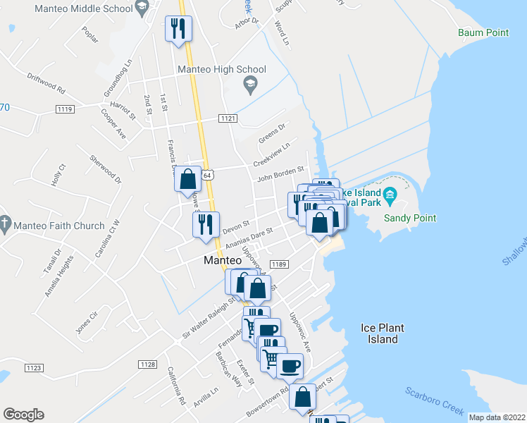 map of restaurants, bars, coffee shops, grocery stores, and more near 507 Wingina Street in Manteo