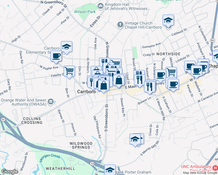 map of restaurants, bars, coffee shops, grocery stores, and more near 100 North Greensboro Street in Carrboro