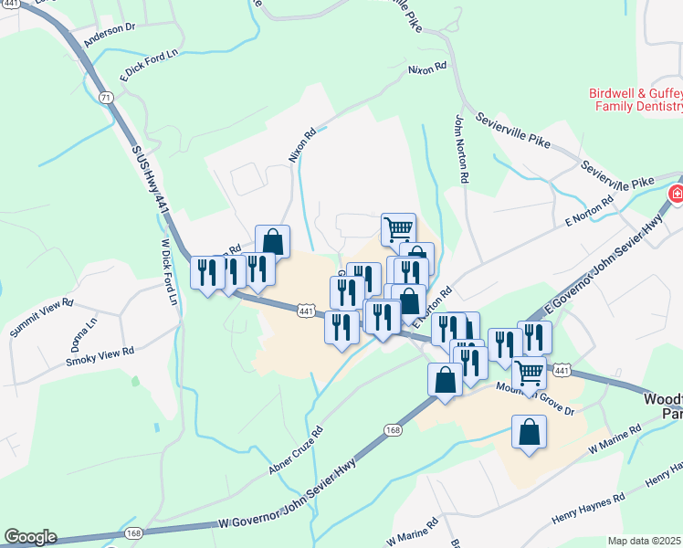 map of restaurants, bars, coffee shops, grocery stores, and more near Green Road in Knox County