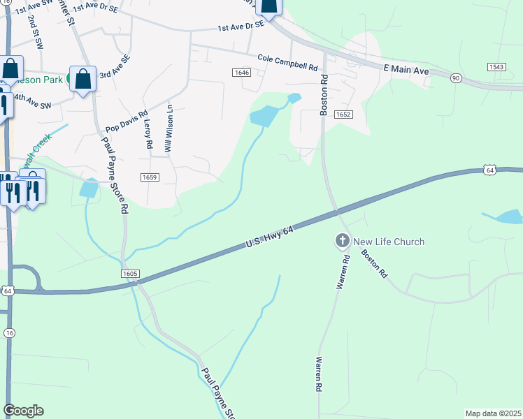 map of restaurants, bars, coffee shops, grocery stores, and more near U.S. Highway 64 in Township of Taylorsville
