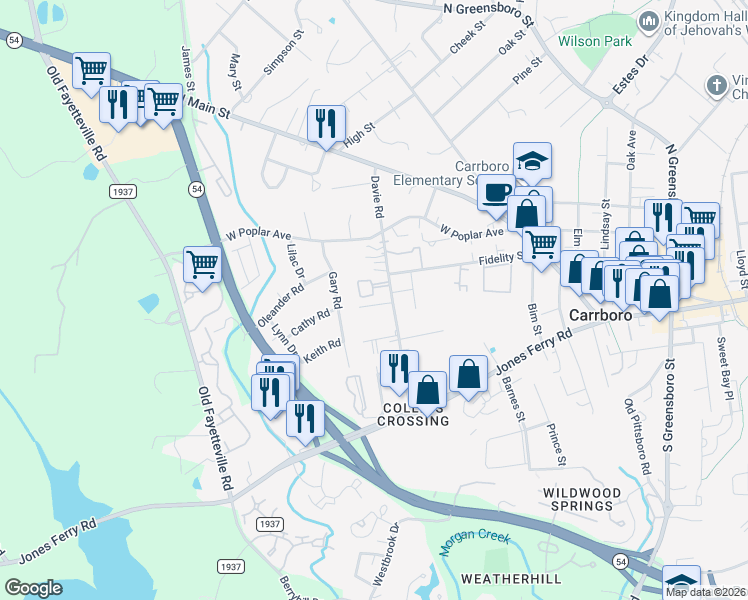 map of restaurants, bars, coffee shops, grocery stores, and more near 400 Davie Road in Carrboro