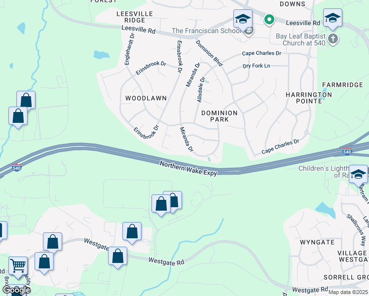 map of restaurants, bars, coffee shops, grocery stores, and more near 9245 Miranda Drive in Raleigh