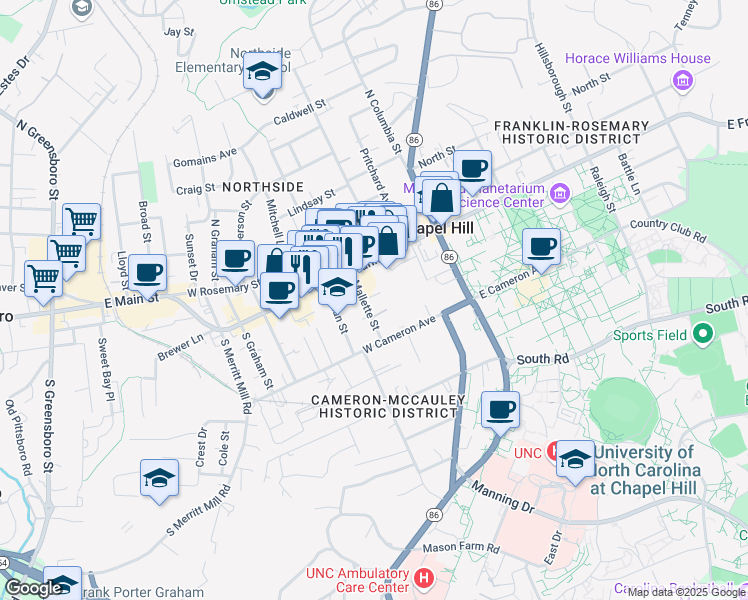 map of restaurants, bars, coffee shops, grocery stores, and more near 5 Colony Court in Chapel Hill