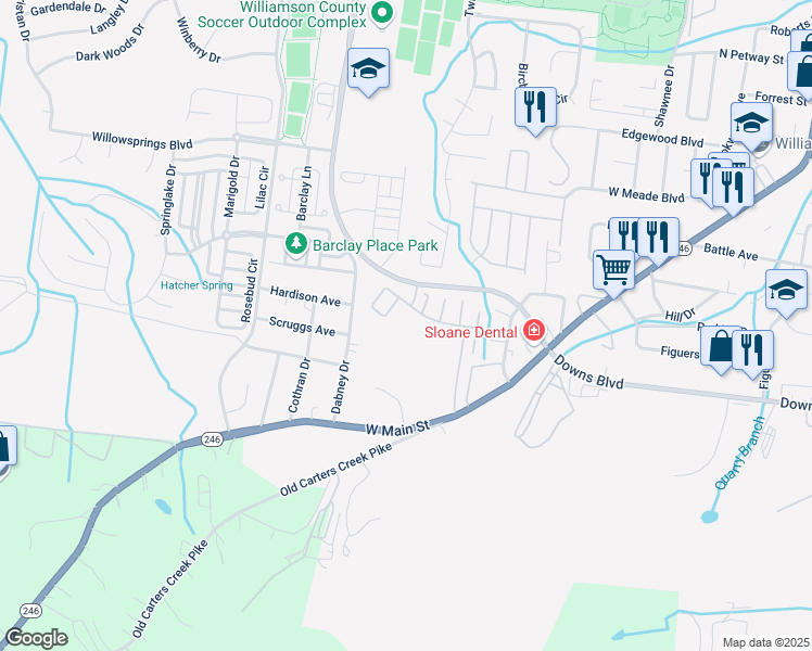 map of restaurants, bars, coffee shops, grocery stores, and more near 1744 West Main Street in Franklin