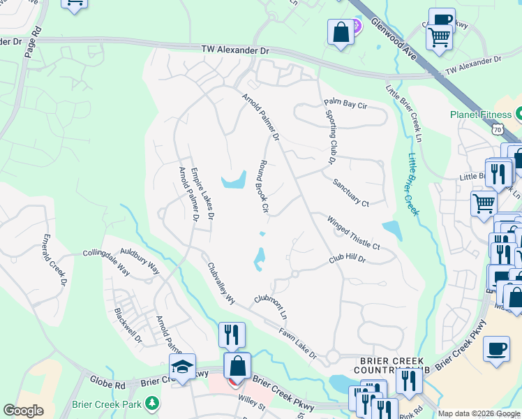 map of restaurants, bars, coffee shops, grocery stores, and more near 9412 Clover Crest Court in Raleigh