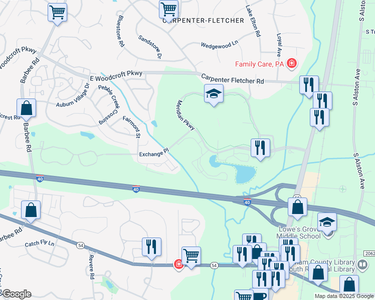 map of restaurants, bars, coffee shops, grocery stores, and more near 2543 Meridian Parkway in Durham