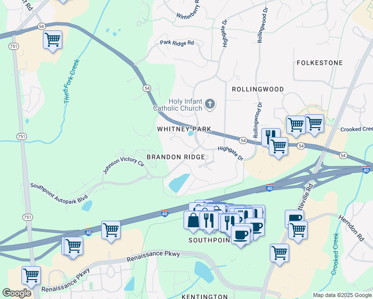 map of restaurants, bars, coffee shops, grocery stores, and more near 600 Audubon Lake Drive in Durham