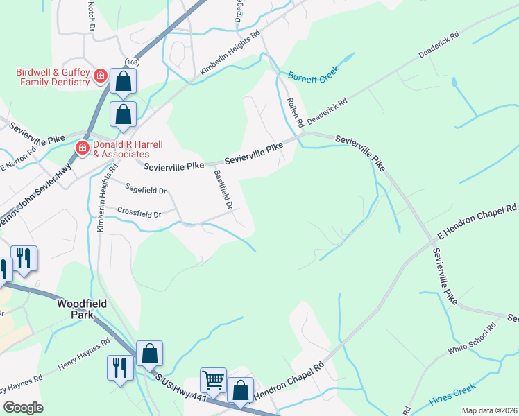 map of restaurants, bars, coffee shops, grocery stores, and more near 200 Basilfield Drive in Knoxville