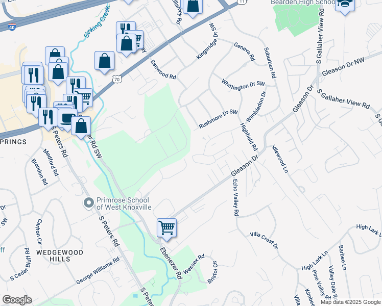 map of restaurants, bars, coffee shops, grocery stores, and more near 8813 Aragon Lane in Knoxville