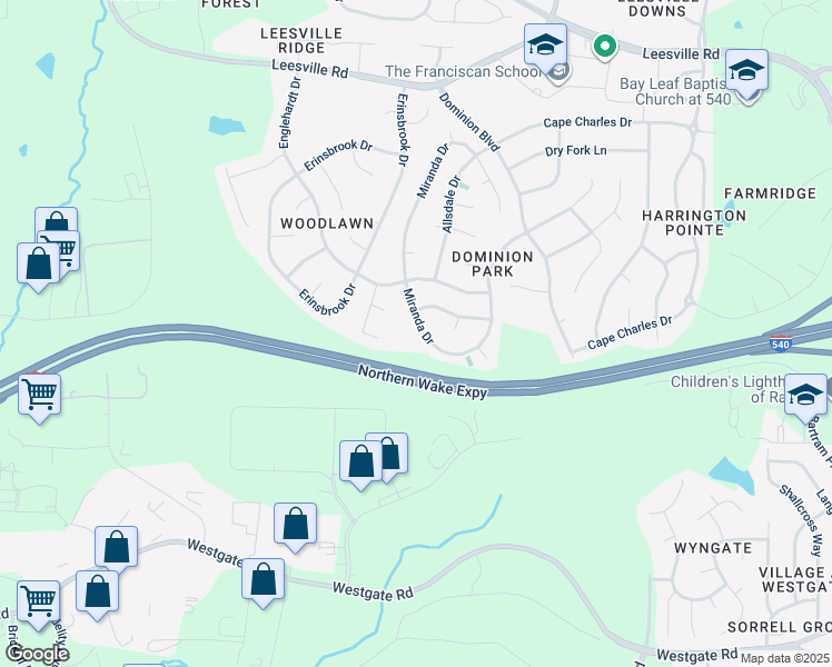 map of restaurants, bars, coffee shops, grocery stores, and more near 9245 Miranda Drive in Raleigh