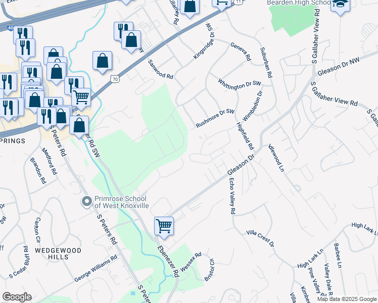map of restaurants, bars, coffee shops, grocery stores, and more near 8811 Aragon Lane in Knoxville