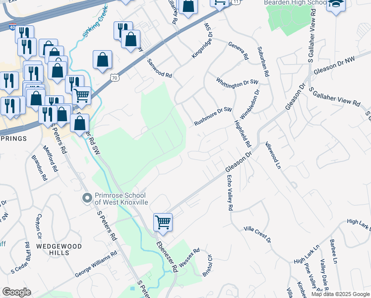 map of restaurants, bars, coffee shops, grocery stores, and more near 8813 Aragon Lane in Knoxville