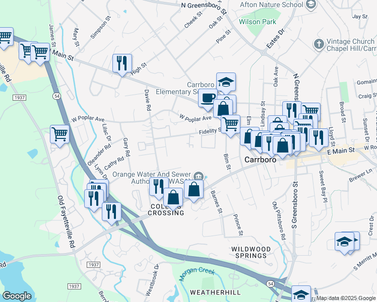 map of restaurants, bars, coffee shops, grocery stores, and more near in Carrboro