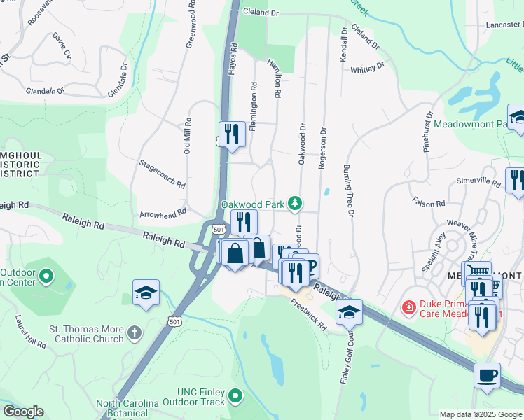 map of restaurants, bars, coffee shops, grocery stores, and more near 100 Maxwell Road in Chapel Hill