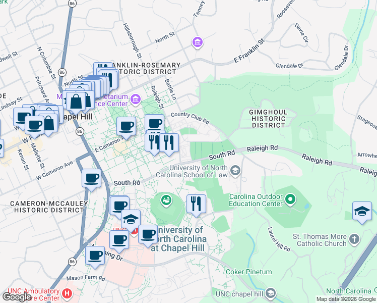 map of restaurants, bars, coffee shops, grocery stores, and more near Paul Green Drive in Chapel Hill