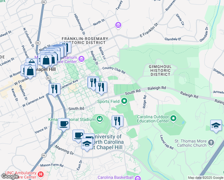 map of restaurants, bars, coffee shops, grocery stores, and more near Paul Green Drive in Chapel Hill