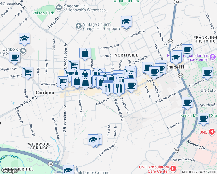 map of restaurants, bars, coffee shops, grocery stores, and more near 205 Sunset Drive in Chapel Hill