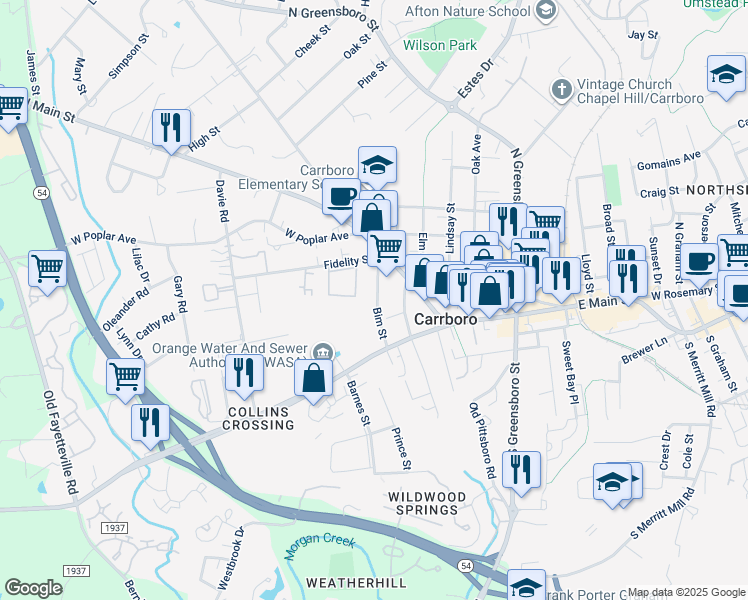 map of restaurants, bars, coffee shops, grocery stores, and more near 108 Bim Street in Carrboro