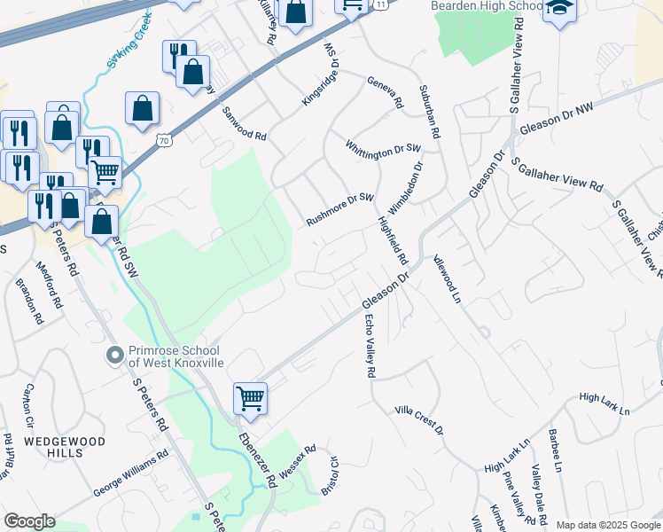 map of restaurants, bars, coffee shops, grocery stores, and more near 8720 Wimbledon Drive in Knoxville