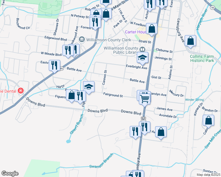 map of restaurants, bars, coffee shops, grocery stores, and more near 1405 Cannon Street in Franklin