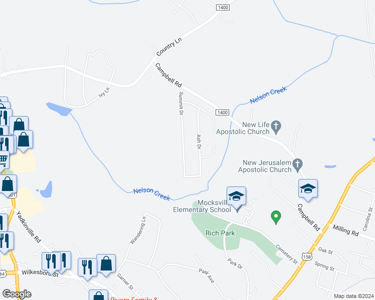 map of restaurants, bars, coffee shops, grocery stores, and more near 229 Summit Drive in Mocksville