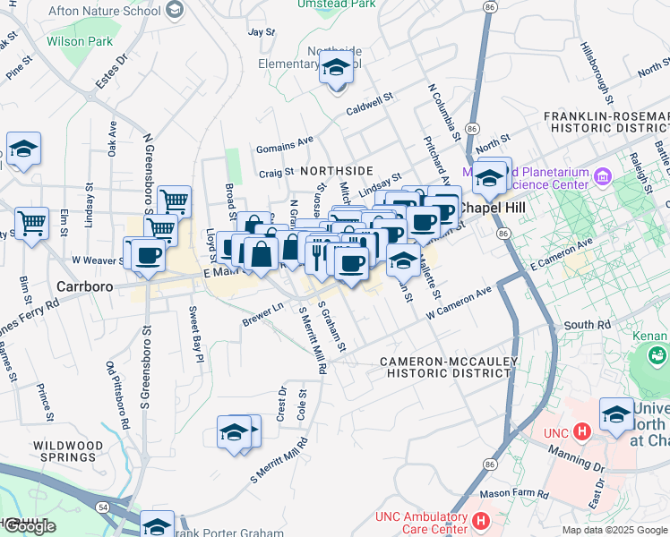 map of restaurants, bars, coffee shops, grocery stores, and more near 106 North Roberson Street in Chapel Hill