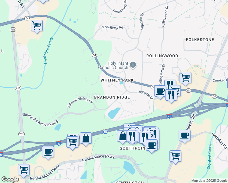 map of restaurants, bars, coffee shops, grocery stores, and more near 600 Audubon Lake Drive in Durham