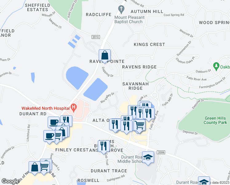 map of restaurants, bars, coffee shops, grocery stores, and more near 1353 Rio Valley Drive in Raleigh
