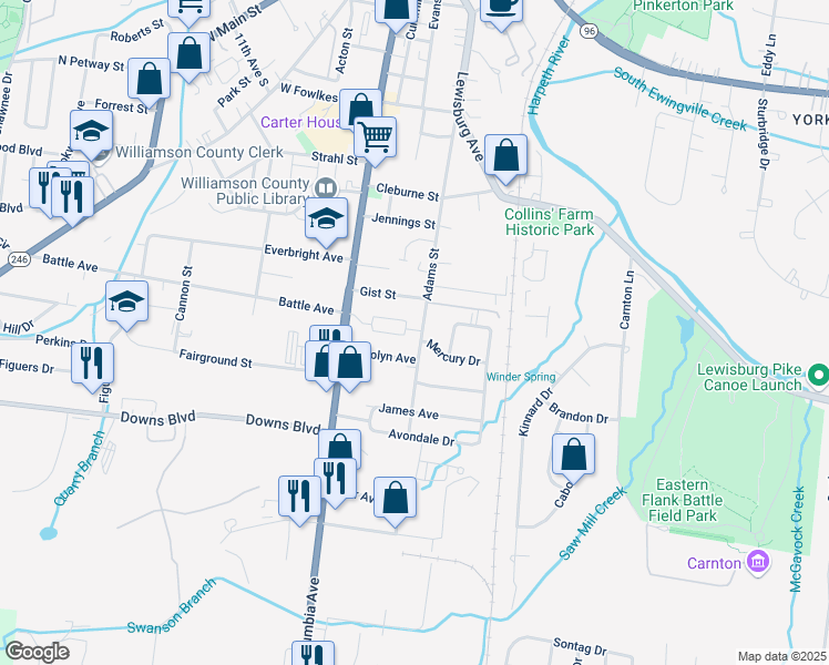 map of restaurants, bars, coffee shops, grocery stores, and more near 156 Generals Retreat Place in Franklin