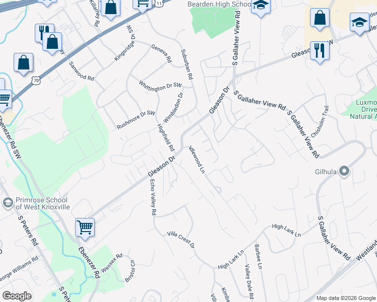 map of restaurants, bars, coffee shops, grocery stores, and more near 500 Idlewood Lane in Knoxville