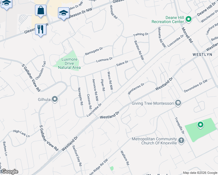map of restaurants, bars, coffee shops, grocery stores, and more near 721 Waco Road Northwest in Knoxville