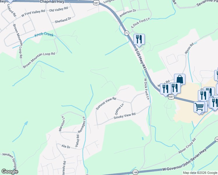 map of restaurants, bars, coffee shops, grocery stores, and more near 500 Cappy Drive in Knoxville