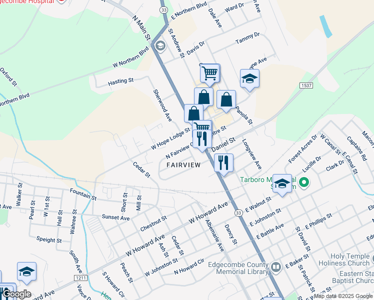 map of restaurants, bars, coffee shops, grocery stores, and more near 206 Marshall Street in Tarboro