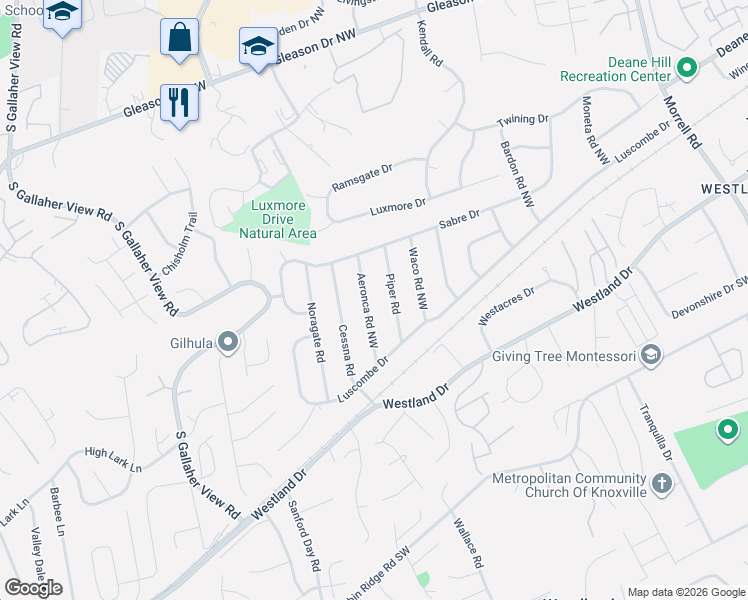 map of restaurants, bars, coffee shops, grocery stores, and more near 717 Piper Road in Knoxville