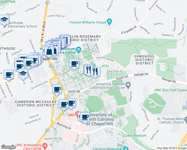 map of restaurants, bars, coffee shops, grocery stores, and more near 208 Raleigh Street in Chapel Hill