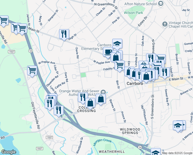 map of restaurants, bars, coffee shops, grocery stores, and more near in Carrboro