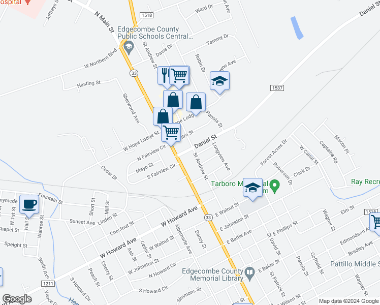 map of restaurants, bars, coffee shops, grocery stores, and more near 109 Daniel Street in Tarboro