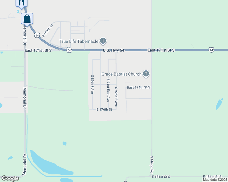 map of restaurants, bars, coffee shops, grocery stores, and more near 17406 South 92nd East Avenue in Bixby