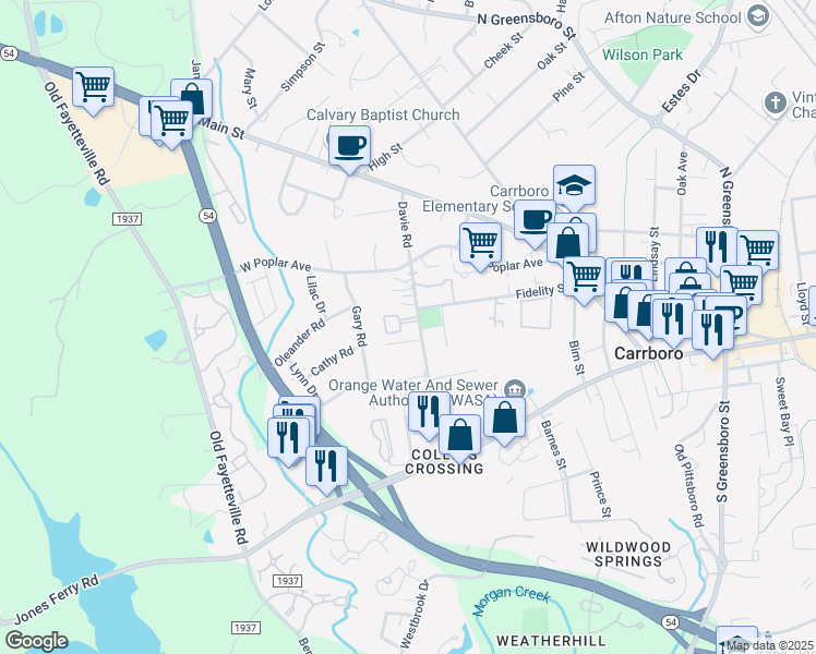 map of restaurants, bars, coffee shops, grocery stores, and more near 400 Davie Road in Carrboro
