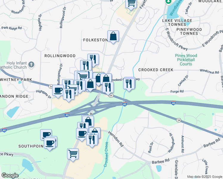 map of restaurants, bars, coffee shops, grocery stores, and more near 234 Crooked Creek Parkway in Durham
