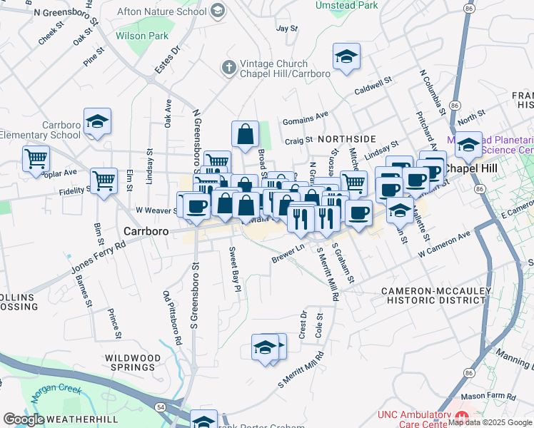 map of restaurants, bars, coffee shops, grocery stores, and more near 100 Broad Street in Carrboro
