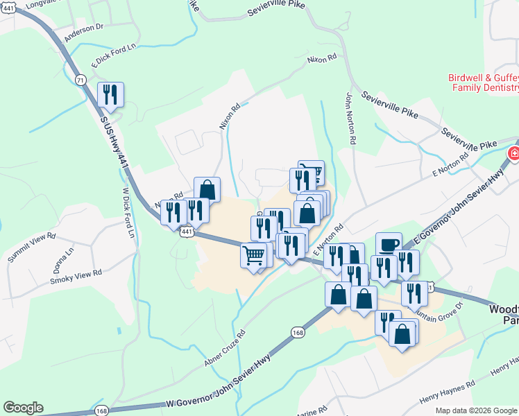 map of restaurants, bars, coffee shops, grocery stores, and more near 135 Green Road in Knoxville