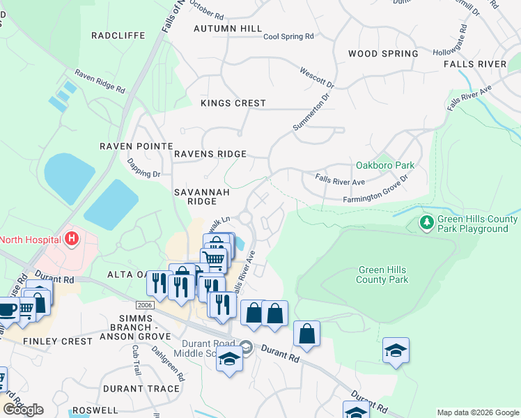map of restaurants, bars, coffee shops, grocery stores, and more near 1300 Durlain Drive in Raleigh